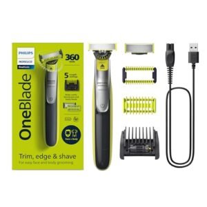 Philips Norelco OneBlade 360 Face + Body, Hybrid Electric Razor and Beard Trimmer for Men with 5-in-1 Face Stubble Comb and Body Hair Trimmer Kit, QP2834/70