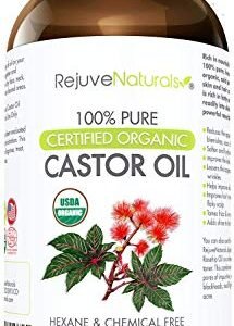 RejuveNaturals Castor Oil (16oz Glass Bottle) USDA Certified Organic, 100% Pure, Cold Pressed, Hexane Free. Boost Hair Growth for Thicker, Fuller Hair, Lashes & Eyebrows.