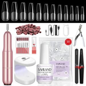 SAVILAND Gel X Nail Kit: All-in-one Beginner Gel Nail Kit with Nail Drill 0.5Oz Nail Glue Gel 500PCS Long Coffin Nail Tips U V Lamp Acrylic Nail Kit Home Salon DIY Nail Art Gel Kit Manicure Gift