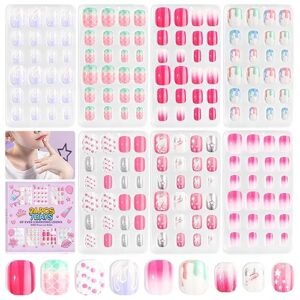 Saviland 168Pcs 7 Pack Press on Nails for Kids Children Fake Nails Stick on Nails Pre-glue Full Cover Glitter Gradient Color Star Short Acrylic Nail Tips Nail Art Gifts for 8-12 Year Old Kids Girls