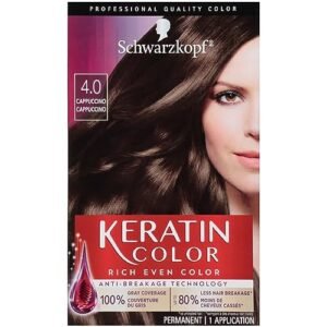 Schwarzkopf Keratin Color Permanent Hair Color, 4.0 Cappuccino, 1 Application – Salon Inspired Permanent Hair Dye, for up to 80% Less Breakage vs Untreated Hair and up to 100% Gray Coverage