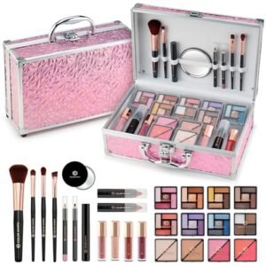 Starter Makeup Kit for Tweens Girls, Train Case for Women Full Kit with Eye Shadow, Lipstick, Blush, Brushes, Lipgloss, Mascara, Brow Wax and Mirror Pink Full Starter Cosmetics Set