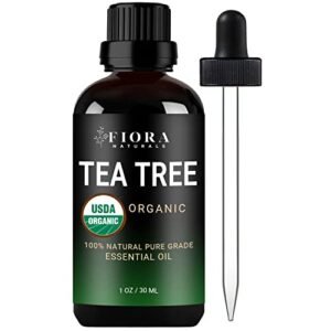 Tea Tree Essential Oil by Fiora Naturals- 100% Pure Organic Oil, for Face, Hair, Skin, Acne, Scalp, Foot and Toenails. Melaleuca Alternifolia, 1 oz /30ml