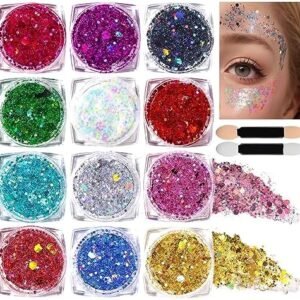 Teenitor Body Glitter Face Glitter Makeup Festival Glitter Gel, 12 Colors Face and Body Glitter Gel, Hair Glitter Gel, Glitter Gel Makeup, Glitter for Face and Hair