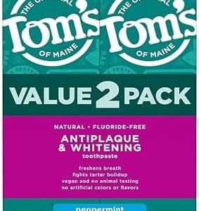 Tom’s of Maine Fluoride-Free Antiplaque & Whitening Natural Toothpaste, Peppermint, 5.5 oz. 2-Pack (Packaging May Vary)