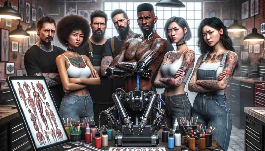 A highly detailed and realistic image of a group composed of master tattoo artists expressing skepticism. There's a diverse range in terms of gender and descent, including a Caucasian woman, a black man, an east-Asian woman, and a Hispanic man. They are engaged in a discussion about a new trend: robotic tattooing. You can capture their skepticism through their facial expressions, and body language. Their studio is filled with various tattoo paraphernalia such as needles, ink bottles, flash designs, and you can see an autonomous tattooing machine as a centerpiece of the scene.