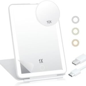 Travel Mirror with 10X Magnifying Mirror, 2500mAh Rechargeable Light up Makeup Mirror with 72 LED Lights, 3 Colors Light Modes USB Portable Mirror with Dimmable Touch Screen