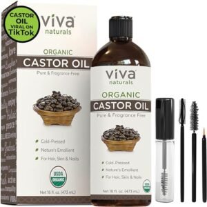 Viva Naturals Organic Castor Oil, 16 fl oz – Cold Pressed Castor Oil for Skin, Hair and Lashes – Traditionally Used to Support Hair Growth – Certified Organic & Non-GMO – Includes Beauty Kit