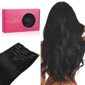 WENNALIFE 18 Inch 120g 7pcs Clip In Human Hair Extensions, Jet Black Remy Hair