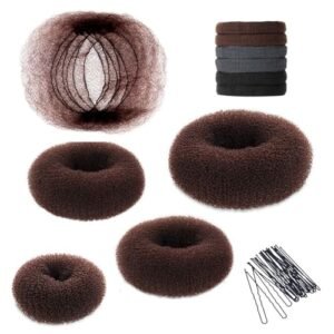 YaFex Hair Bun Maker Kit, Donut Bun Maker 4 Pieces (1 Large, 2 Medium and 1 Small), 10 pieces hair nets, 6 Pieces Elastic Hair Ties, 20 Pieces Hair Bobby Pins, Brown