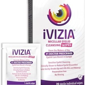 iVIZIA Eyelid Cleansing Wipes for Sensitive Eyelid Cleansing, Preservative-Free, Micellar, No Rinse, Gentle Eye Makeup Remover, 20 Sterile Single-Use Wipes for Eyelids