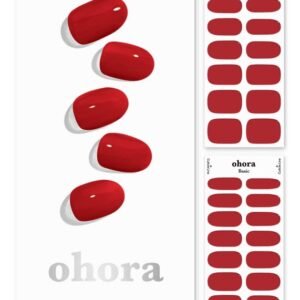 ohora Semi Cured Gel Nail Strips (N Addict) – Works with Any Nail Lamps, Salon-Quality, Long Lasting, Easy to Apply & Remove – Includes 2 Prep Pads, Nail File & Wooden Stick – Red