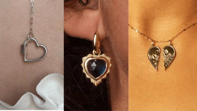 Sterling silver heart-shaped lock, a heart shaped earring with blue topaz, BFF Heart charms from the Phoebe Bridgers collab with Catbird