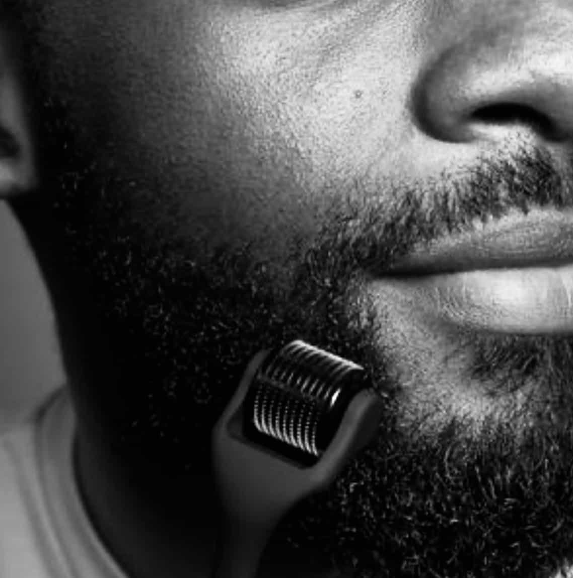 Close up of man using a beard roller