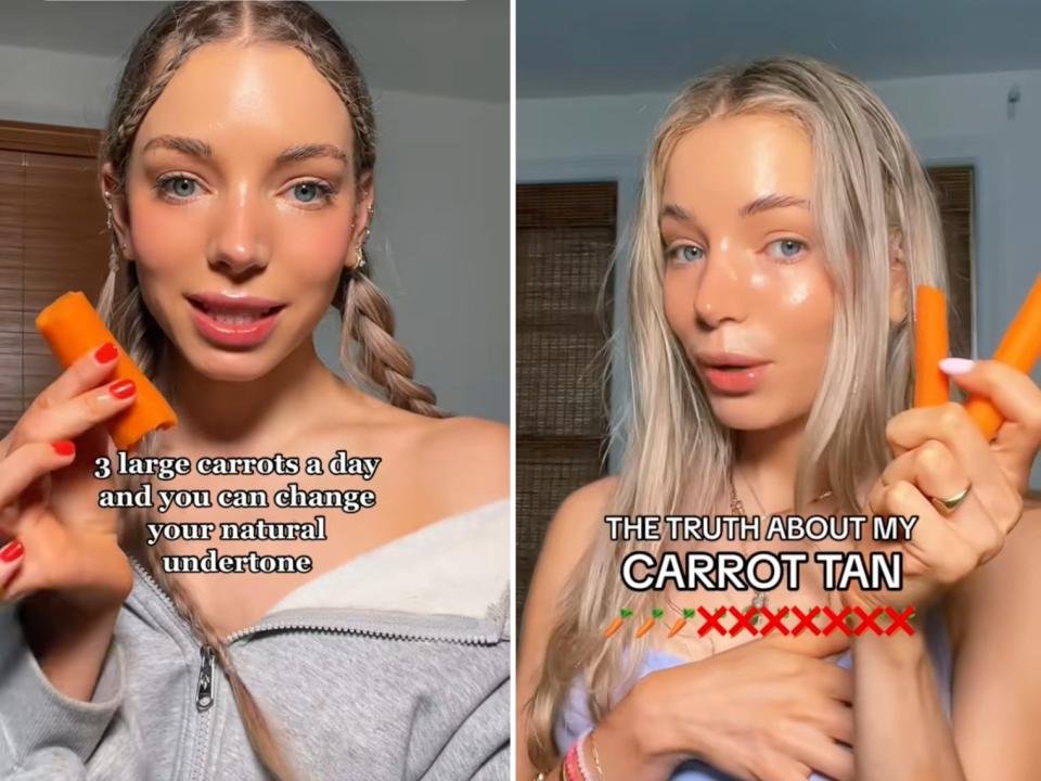Screenshots of Isabelle Lux discussing her carrot-tanning hack.
